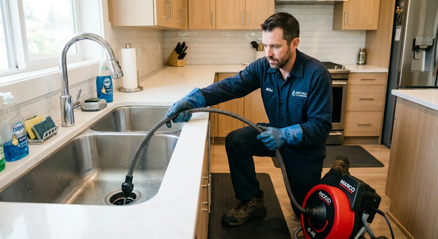Drain cleaning technician using a motorized snake on a kitchen sink in Upton