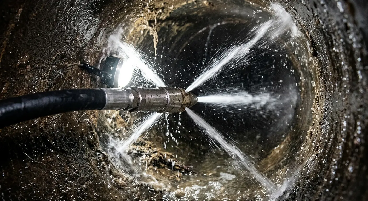 High-pressure hydro jetting nozzle cleaning sewer pipe for Sewer Cleanout in Upton