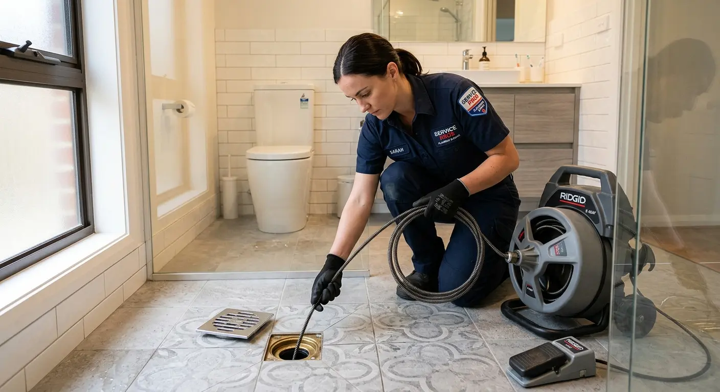 Technician clearing a bathroom floor drain for Sewer Line Installation in Upton